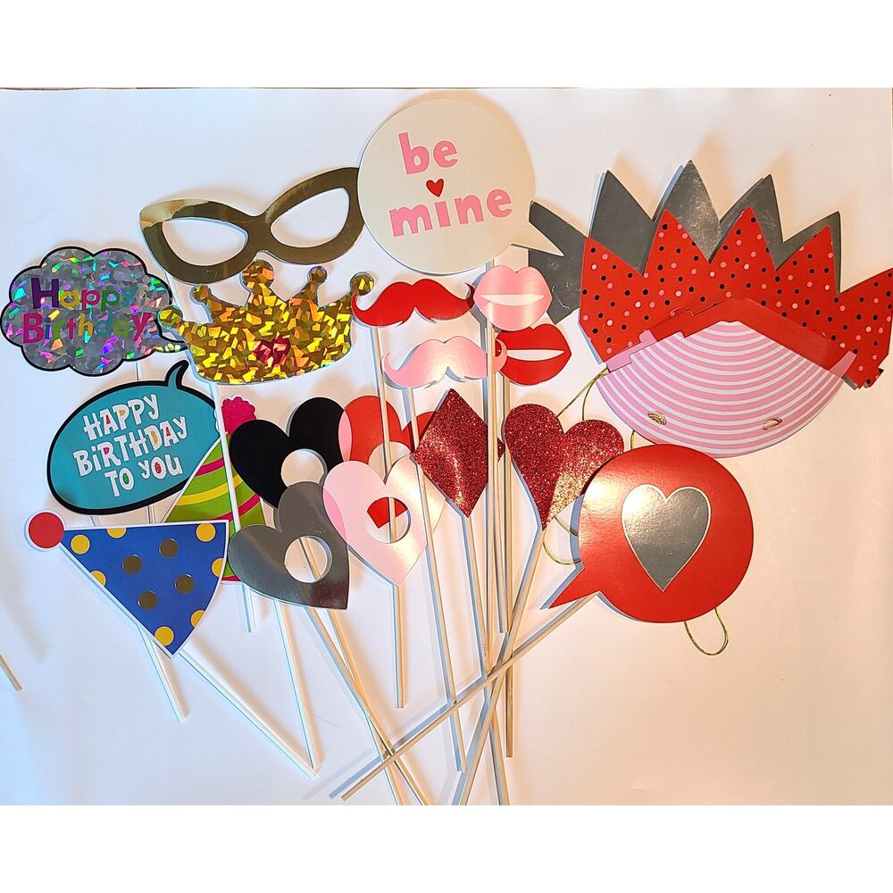 Photo Booth Props Set of 16 Birthday Valentine Theme Selfie Party Accessories